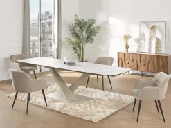 Maison Céphy Mesa de comedor extensible de cerámica y metal - Efecto mármol blanco y beige - MALATA Beige / Blanco Online