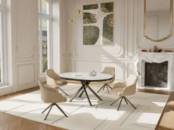 Vente-unique Mesa de comedor extensible para 4 a 6 personas en cerámica, MDF y metal - Efecto mármol blanco y bronce - FEROLA Blanco / Bronce Online
