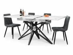 ModernLuxe Mesa de comedor extensible 160x80x66 cm - 6 personas - patas de mesa en forma de estrella - tablero de mesa imitación mármol - Blanco New