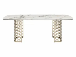 Vente-unique Mesa de comedor para 8 comensales de vidrio templado y cerámica - Efecto mármol blanco y dorado - GOLDENA Blanco / Dorado Best