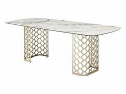 Vente-unique Mesa de comedor para 8 comensales de vidrio templado y cerámica - Efecto mármol blanco y dorado - GOLDENA Blanco / Dorado Best