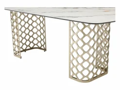 Vente-unique Mesa de comedor para 8 comensales de vidrio templado y cerámica - Efecto mármol blanco y dorado - GOLDENA Blanco / Dorado Best