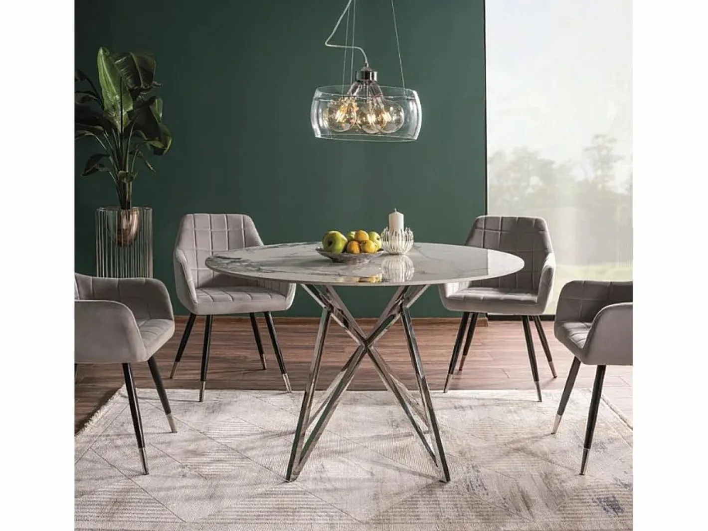 MSO Mesa Extensible|Mesa de comedor redonda Manon de aspecto mármol y base cromada