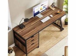 Mesa de computadora con 3 cajones, mesa industrial de PC, mesa de estudio, mesa de escritura, estación de trabajo con almacenamiento de archivos^Tribesigns Online