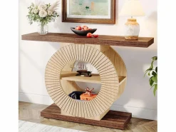 Tribesigns Consola|Mesa de consola de 100 cm con almacenamiento - Mesa de entrada de madera para el salón, con estanterías y base circular