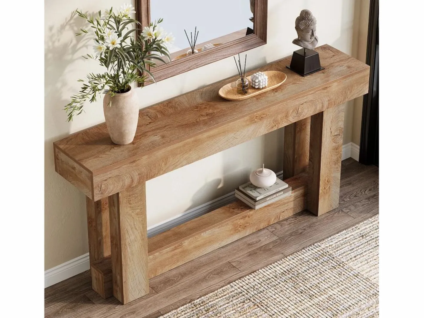 Tribesigns Consola|Mesa de consola de 160 cm, mesa de entrada de dos niveles, mesa auxiliar rectangular de madera detrás del sofá