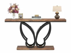 Tribesigns Consola|Mesa de consola de 140 cm, Mesa de entrada con marco de metal en forma de mariposa, Mesa de sofá, Mesas auxiliares largas y estrechas, Marrón y Negro