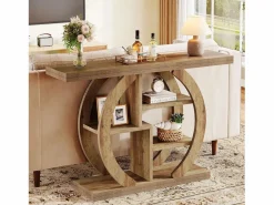 Tribesigns Mesa de consola de 4 niveles, de 108 cm, con base circular, de madera con estanterías de almacenamiento, para salón, pasillo, hogar, de color marrón claro de roble. Marru00f3n Discount