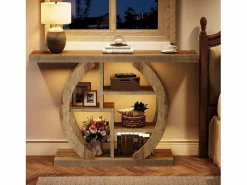 Tribesigns Mesa de consola de 4 niveles, de 108 cm, con base circular, de madera con estanterías de almacenamiento, para salón, pasillo, hogar, de color marrón claro de roble. Marru00f3n Discount