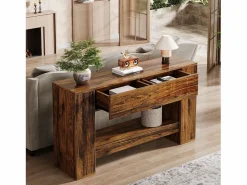 Mesa de consola rústica marrón con 2 cajones, Mesa de consola estrecha de 2 niveles de 140 cm^Tribesigns Clearance