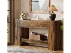 Mesa de consola rústica marrón con 2 cajones, Mesa de consola estrecha de 2 niveles de 140 cm^Tribesigns Clearance