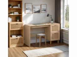 duehome Mesa De Ordenador|Mesa de escritorio con 2 cajones en pino y rattán 120x48 cm Made Pino - Rattan