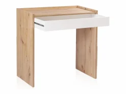 duehome Mesa De Ordenador|Mesa de escritorio con cajón Dess Blanco Artik (Blanco Mate) - Roble Nodi