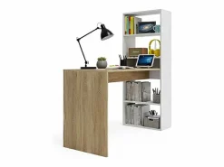 duehome Mesa de escritorio con estantería en blanco artik y roble canadian 120x50 cm Cosmic Blanco Artik (Blanco Mate) - Roble Canadian Color natural claro Outlet
