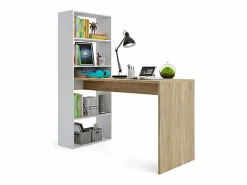 duehome Mesa de escritorio con estantería en blanco artik y roble canadian 120x50 cm Cosmic Blanco Artik (Blanco Mate) - Roble Canadian Color natural claro Outlet