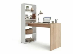duehome Mesa de escritorio con estantería en blanco artik y roble canadian 120x50 cm Cosmic Blanco Artik (Blanco Mate) - Roble Canadian Color natural claro Outlet