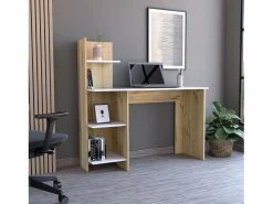 TuHome Escritorio Tradicional|Mesa de Escritorio Vilna 120, con estantería , 119.88 cm X 119.88 cm X 44.95 cm , Duna / Blanco