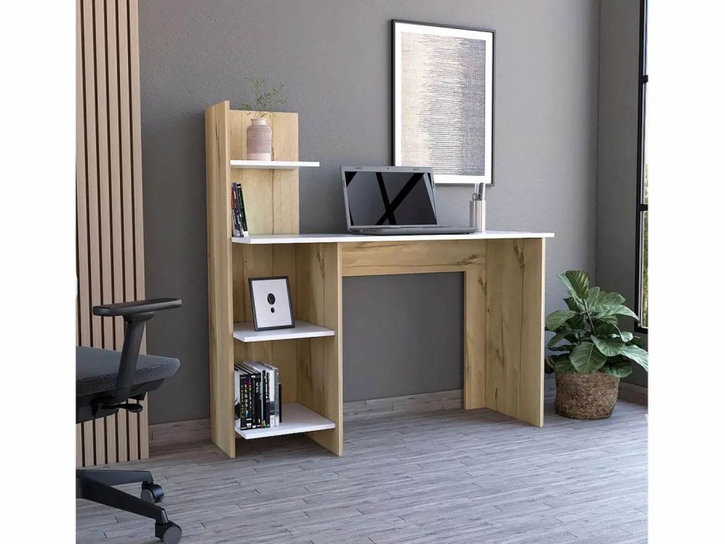 TuHome Escritorio Tradicional|Mesa de Escritorio Vilna 120, con estantería , 119.88 cm X 119.88 cm X 44.95 cm , Duna / Blanco