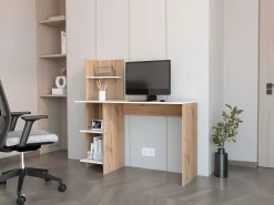 TuHome Escritorio Tradicional|Mesa de Escritorio Vilna 120, con estantería , 119.88 cm X 119.88 cm X 44.95 cm , Duna / Blanco