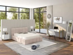 Vente-unique Mesa de noche con 2 cajones de MDF y metal lacado y dorado - KORASA Blanco Discount