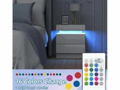 Mesa de noche de alto brillo con luces LED, outro de ahogamiento 2 cajones muebles de dormitorio de mesa nocturna - 45x35x52cm -^DripeX Clearance