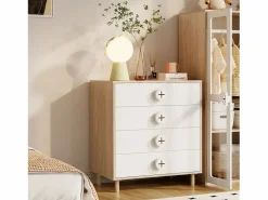 ModernLuxe Mesa de noche 80x54x90 cm - con 4 cajones - lacada + paneles de partículas - + natural Blanco