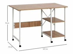 Mesa Gaming|Mesa plegable móvil, con estante, MDF, natural, 107x55x76 cm, con ruedas, para oficina y espacio de trabajo