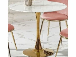 MSO Mesa redonda con tablero de cristal imitación mármol y pata central de acero dorado BOOTIS Blanco Clearance