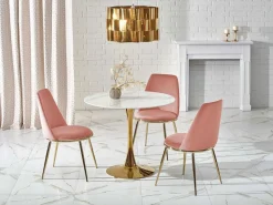 MSO Mesa redonda con tablero de cristal imitación mármol y pata central de acero dorado BOOTIS Blanco Clearance