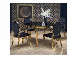 MSO Mesa De Comedor|Mesa redonda de 120 cm con patas doradas y tablero de cristal CANICA