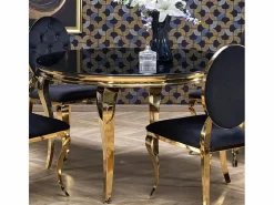 MSO Mesa De Comedor|Mesa redonda de 120 cm con patas doradas y tablero de cristal CANICA