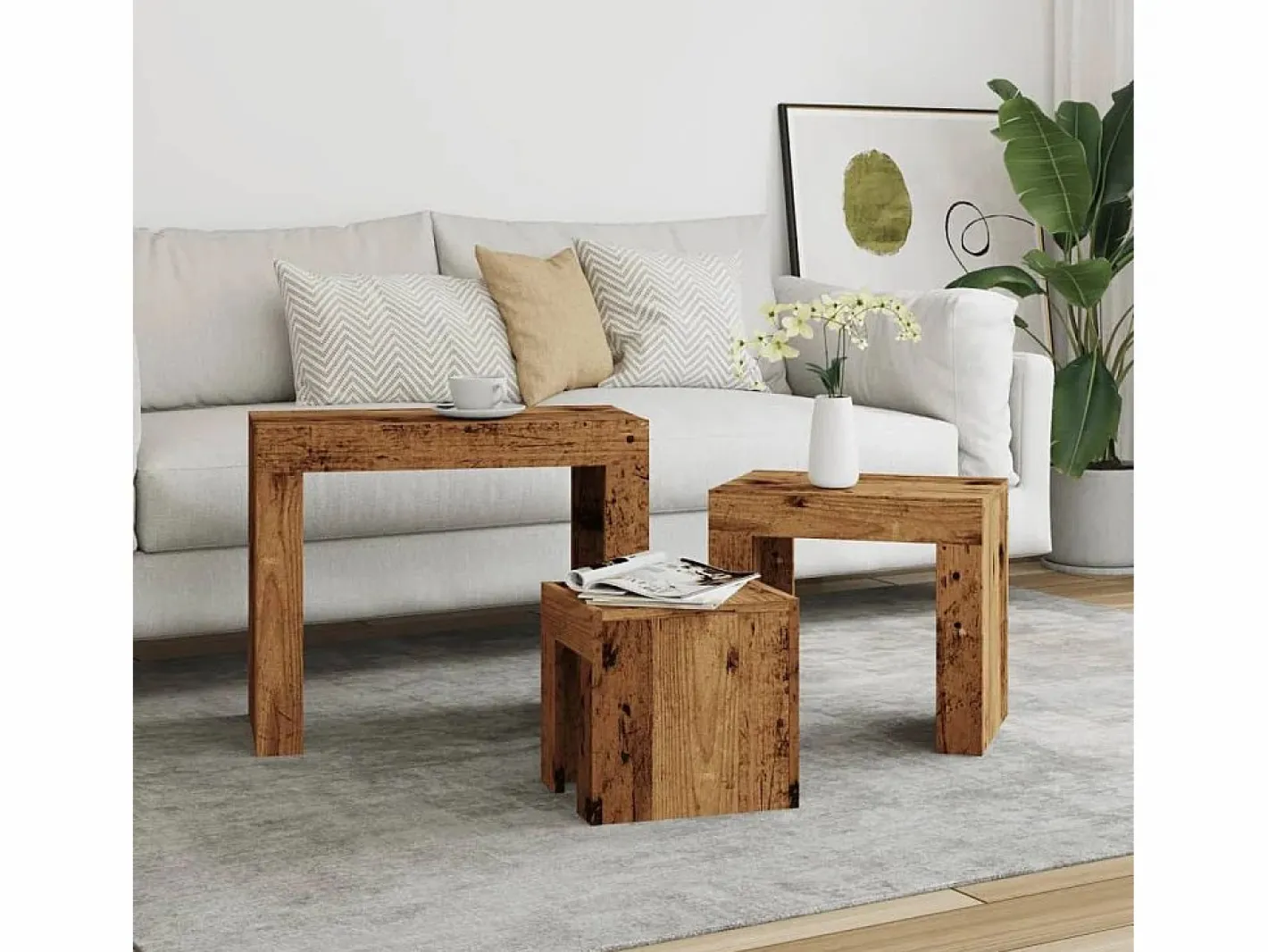 Mesas de centro apilables 3 unidades madera de ingeniería envejecida^Clicnbuy Sale
