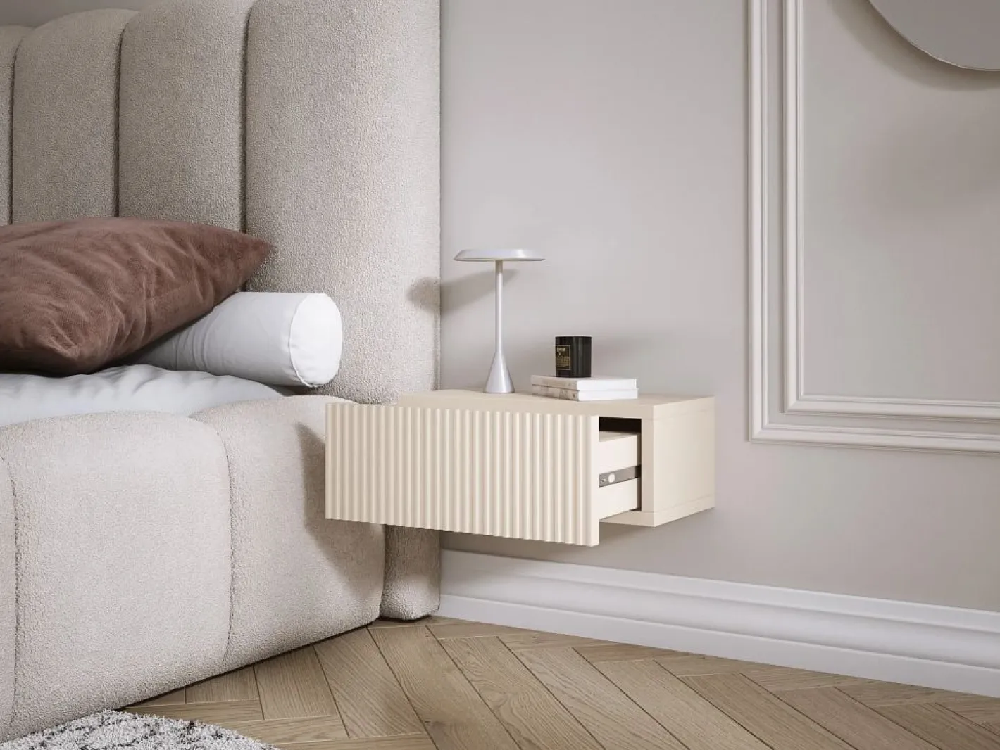Mesilla de noche suspendida con cajón – frente ranurado, color: cachemira, 40 x 20 x 16 cm Beige