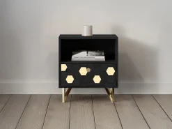 Vente-unique Mesita De Noche|Mesita de noche 1 cajón 1 estante madera de mango metal color negro y dorado - BELORI