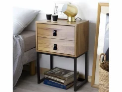 Calicosy Mesita de noche 2 cajones patas de metal efecto roble Beige Outlet