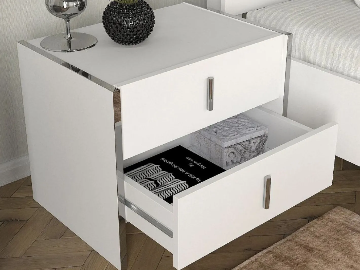 Vente-unique Mesita De Noche|Mesita de noche Art Déco con 2 cajones, blanca - CADEBA
