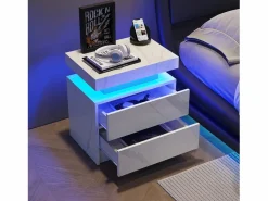 Mesita De Noche|Mesita de noche con 2 cajones - Mesita de noche con iluminación LED - blanca - para dormitorio