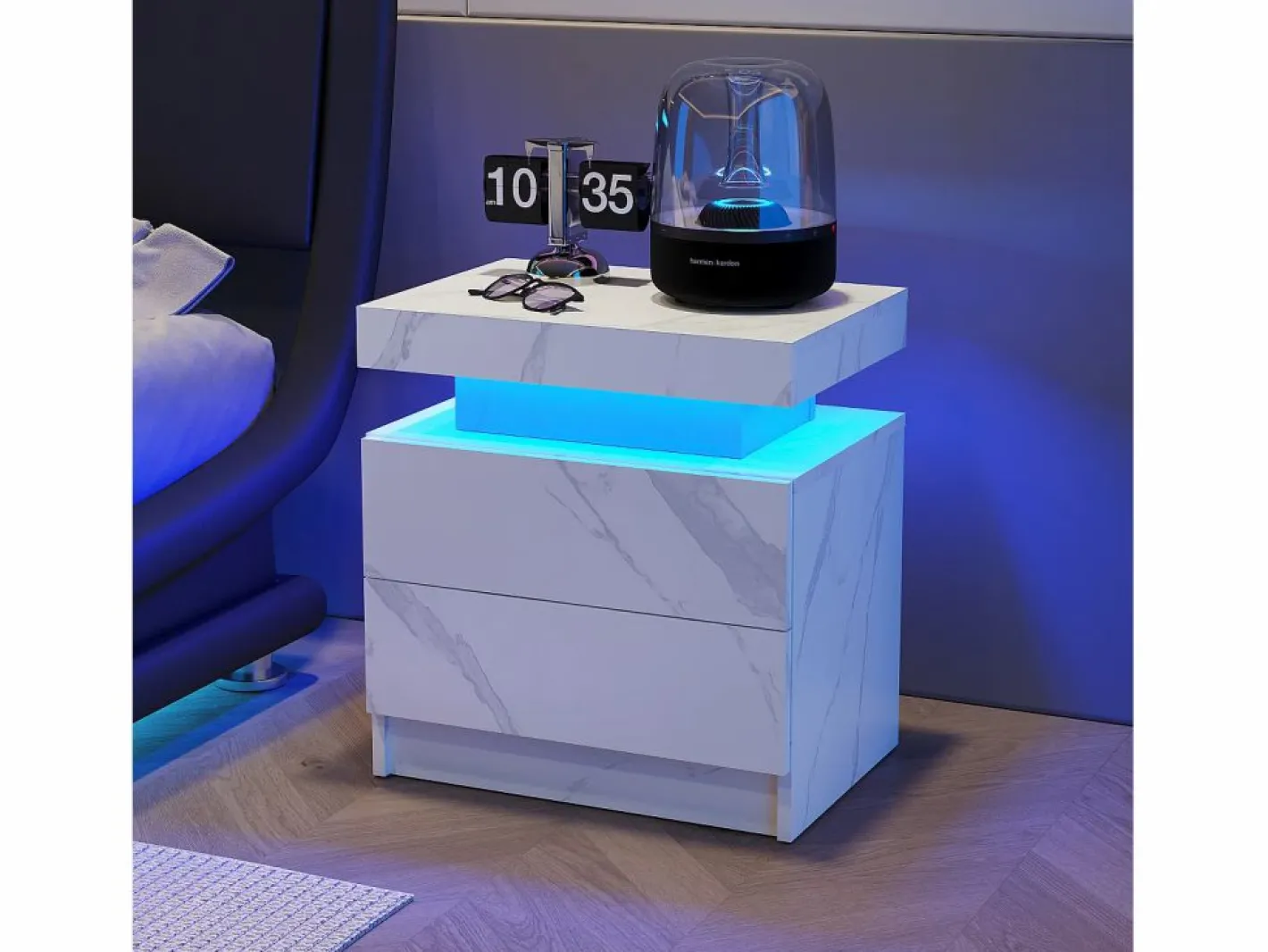 Mesita De Noche|Mesita de noche con 2 cajones - Mesita de noche con iluminación LED - blanca - para dormitorio