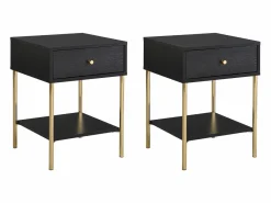 Vente-unique Mesita De Noche|Mesita de noche conjunto de 2 con 1 cajón de MDF y metal en color negro y dorado - MILAVIA