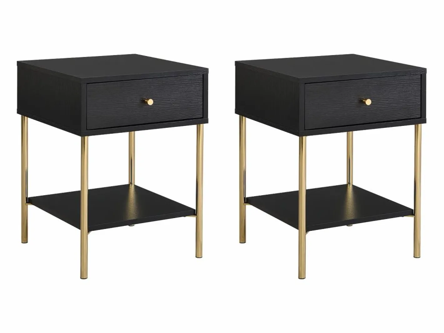 Vente-unique Mesita De Noche|Mesita de noche conjunto de 2 con 1 cajón de MDF y metal en color negro y dorado - MILAVIA