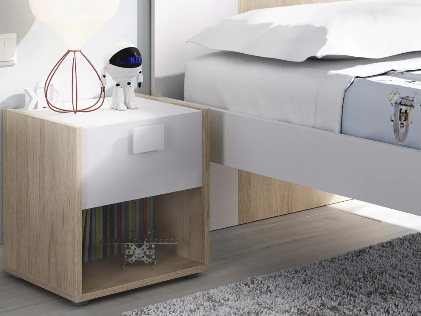 Mesita de noche conjunto de 2 con cajón y estante color natural y blanco - SONIA^Vente-unique