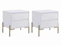 Vente-unique Mesita de noche conjunto de 2 con 2 cajones en MDF y metal lacado y dorado - KORASA Blanco Sale