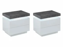 Mesita de noche Conjunto de 2 con 2 cajones en MDF lacado con LEDs blanco y cemento - HALO II^Vente-unique Outlet