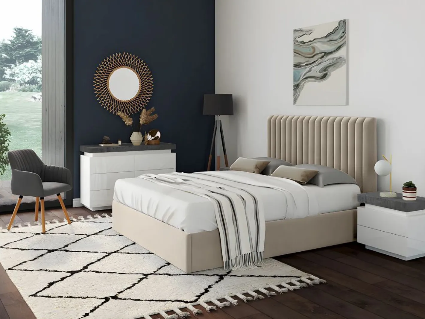 Mesita de noche Conjunto de 2 con 2 cajones en MDF lacado con LEDs blanco y cemento - HALO II^Vente-unique Outlet