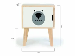 Mesita de noche de pino para niños con dibujo de cara de oso. Gris New