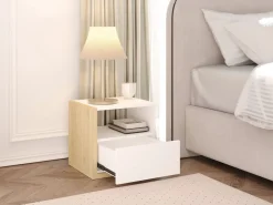 Vente-unique Mesita De Noche|Mesita de noche escandinava 1 cajón y 1 estante en color blanco y natural - NAPOLI II