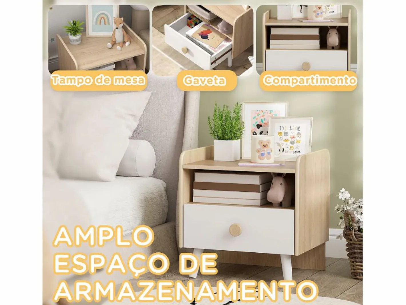 AIYAPLAY Mesita de noche infantil Drácena 1 compartimento + cajón +3A /natural 40x40x32,5 cm Blanco Hot