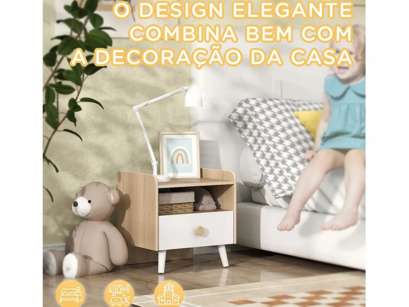 AIYAPLAY Mesita de noche infantil Drácena 1 compartimento + cajón +3A /natural 40x40x32,5 cm Blanco Hot