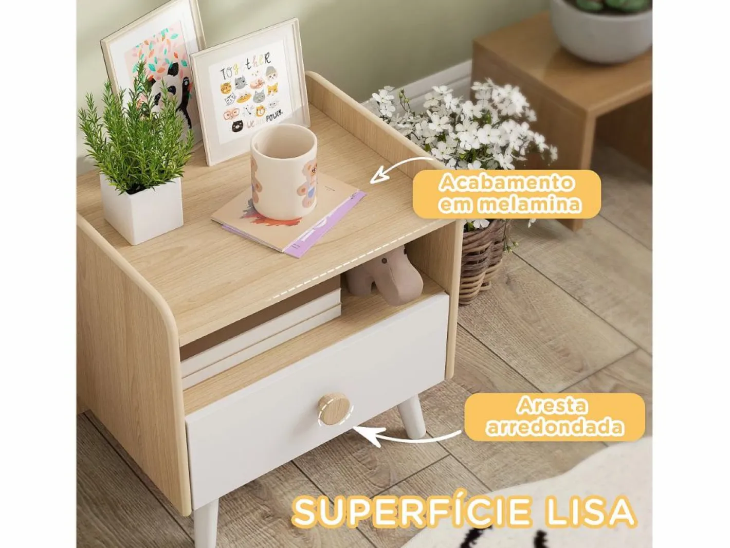 AIYAPLAY Mesita de noche infantil Drácena 1 compartimento + cajón +3A /natural 40x40x32,5 cm Blanco Hot