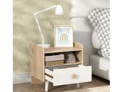 AIYAPLAY Mesita de noche infantil Drácena 1 compartimento + cajón +3A /natural 40x40x32,5 cm Blanco Hot